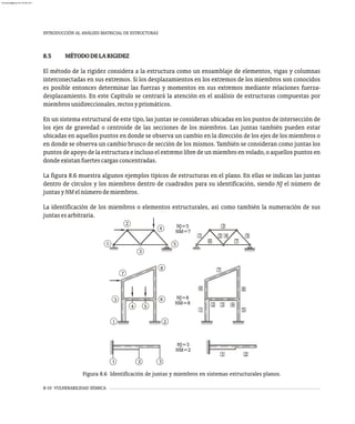 8.5 MÉTODODELARIGIDEZ
El método de la rigidez considera a la estructura como un ensamblaje de elementos, vigas y columnas
interconectadas en sus extremos. Si los desplazamientos en los extremos de los miembros son conocidos
es posible entonces determinar las fuerzas y momentos en sus extremos mediante relaciones fuerza-
desplazamiento. En este Capítulo se centrará la atención en el análisis de estructuras compuestas por
miembrosunidireccionales,rectosyprismáticos.
En un sistema estructural de este tipo, las juntas se consideran ubicadas en los puntos de intersección de
los ejes de gravedad o centroide de las secciones de los miembros. Las juntas también pueden estar
ubicadas en aquellos puntos en donde se observa un cambio en la dirección de los ejes de los miembros o
en donde se observa un cambio brusco de sección de los mismos. También se consideran como juntas los
puntos de apoyo de la estructura e incluso el extremo libre de un miembro en volado, o aquellos puntos en
dondeexistanfuertescargasconcentradas.
La figura 8.6 muestra algunos ejemplos típicos de estructuras en el plano. En ellas se indican las juntas
dentro de círculos y los miembros dentro de cuadrados para su identificación, siendo NJ el número de
juntasyNMelnúmerodemiembros.
La identificación de los miembros o elementos estructurales, así como también la numeración de sus
juntasesarbitraria.
8-10 VULNERABILIDAD SÍSMICA
Figura 8.6 Identificación de juntas y miembros en sistemas estructurales planos.
INTRODUCCIÓN AL ANÁLISIS MATRICIAL DE ESTRUCTURAS
1
2
4
3
5
1
6 7
2 4 5
3
1
3
7
8
4 5
6
2
1
4
2
5
3
8
6
7
1 2 3
2
1
NM=7
NJ=5
NJ=8
NM=8
NM=2
NJ=3
almanperez@gmail.com 26 Mar 2017
 