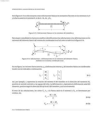 En esa figura, los vectores fuerza interna, s y deformación interna v del miembro básico en coordenadas
p p
localessonlosindicadosacontinuación:
(8-1)
Así, por ejemplo, v representa la rotación del extremo B del miembro en la dirección del momento M ,
j
j
positiva en sentido contrario a las agujas del reloj. La deformación v representa la deformación axial del
k
elemento,positivasegúnladireccióndelejelocalxdelmiembro,yasísucesivamente.
El resto de las solicitaciones, los cortes V , V y la fuerza axial en el extremo A, N , se determinan por
A B A
estática.Así,
(8-2a)
(8-2b)
8-18 VULNERABILIDAD SÍSMICA
INTRODUCCIÓN AL ANÁLISIS MATRICIAL DE ESTRUCTURAS
L
p B
A
A
M
B
B
N
M
Figura 8.15 Solicitaciones básicas en los extremos del miembro p
Paramayorcomodidadenelprocesoanalíticoidentificaremoslassolicitacionesylasdeformacionesenlos
extremosdelelementobásicodelsistemadecoordenadaslocaltalcomoseindicaenlafigura8.16.
v
v
L v
p B
A
M
k
N
M
k
x
y
i
j
i
j
Figura 8.16 Solicitaciones y deformaciones en los extremos del elemento básico,
medidos en el sistema coordenado local.
Enlafigura8.15seseleccionaroncomosolicitacionesbásicaslosmomentosflectoresenlosextremosAyB
ylafuerzaaxialenelextremoB,esdecir, M ,M yN .
A B B
almanperez@gmail.com 26 Mar 2017
 