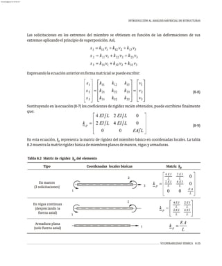 1
1
2
1
3
2
Tabla 8.2 Matriz de rigidez k del elemento
p
Tipo Coordenadas locales básicas Matriz kp
En marcos
(3 solicitaciones)
En vigas continuas
(despreciando la
fuerza axial)
Armadura plana
(solo fuerza axial)
VULNERABILIDAD SÍSMICA 8-25
INTRODUCCIÓN AL ANÁLISIS MATRICIAL DE ESTRUCTURAS
Las solicitaciones en los extremos del miembro se obtienen en función de las deformaciones de sus
extremosaplicandoelprincipiodesuperposición.Así;
Expresandolaecuaciónanteriorenformamatricialsepuedeescribir:
(8-8)
Sustituyendo en la ecuación (8-7) los coeficientes de rigidez recién obtenidos, puede escribirse finalmente
que:
(8-9)
En esta ecuación, k representa la matriz de rigidez del miembro básico en coordenadas locales. La tabla
p
8.2muestralamatrizrigidezbásicademiembrosplanosdemarcos,vigasyarmaduras.
almanperez@gmail.com 26 Mar 2017
 