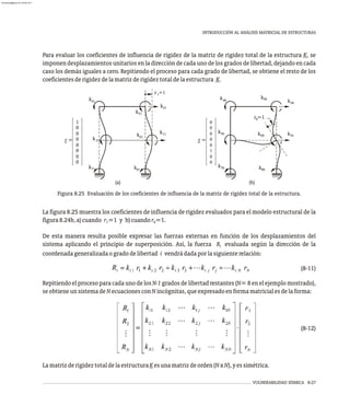 VULNERABILIDAD SÍSMICA 8-27
INTRODUCCIÓN AL ANÁLISIS MATRICIAL DE ESTRUCTURAS
Figura 8.25 Evaluación de los coeficientes de influencia de la matriz de rigidez total de la estructura.
Para evaluar los coeficientes de influencia de rigidez de la matriz de rigidez total de la estructura K, se
imponen desplazamientos unitarios en la dirección de cada uno de los grados de libertad, dejando en cada
caso los demás iguales a cero. Repitiendo el proceso para cada grado de libertad, se obtiene el resto de los
coeficientesderigidezdelamatrizderigideztotaldelaestructura K.
La figura 8.25 muestra los coeficientes de influencia de rigidez evaluados para el modelo estructural de la
figura8.24b,a)cuando r =1 y b)cuandor =1.
1 6
De esta manera resulta posible expresar las fuerzas externas en función de los desplazamientos del
sistema aplicando el principio de superposición. Así, la fuerza R evaluada según la dirección de la
i
coordenadageneralizadaogradodelibertad i vendrádadaporlasiguienterelación:
(8-11)
Repitiendo el proceso para cada uno de los N-1 grados de libertad restantes (N= 8 en el ejemplo mostrado),
seobtieneunsistemadeNecuacionesconNincógnitas,queexpresadoenformamatricialesdelaforma:
(8-12)
LamatrizderigideztotaldelaestructuraKesunamatrizdeorden(NxN),yessimétrica.
r
36
76
k
k
46
k k
66
56
86
k
k k16
26
k
=1
6
r =
0
0
1
0
0
0
0
0
(b)
r1=1
21
k
k11
51
k
k61
k81
k71
k31
k41
(a)
0
1
0
r = 0
0
0
0
0
almanperez@gmail.com 26 Mar 2017
 