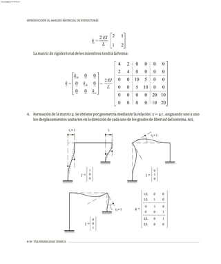 8-30 VULNERABILIDAD SÍSMICA
INTRODUCCIÓN AL ANÁLISIS MATRICIAL DE ESTRUCTURAS
Lamatrizderigideztotaldelosmiembrostendrálaforma:
4. Formación de la matriz a. Se obtiene por geometría mediante la relación v=ar, asignando uno a uno
losdesplazamientosunitariosenladireccióndecadaunodelosgradosdelibertaddelsistema.Así,
r 1
= a =
0
0
1
r =
0
1/L
1/L
0
2/L
2/L
1
0
0
0
1
0
0
1
1
0
0
0
3
r =1
2
0
0
1
0
r =
r = 0
1
r =1 1
1
almanperez@gmail.com 26 Mar 2017
 