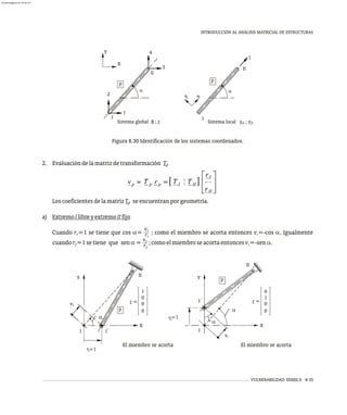 VULNERABILIDAD SÍSMICA 8-35
INTRODUCCIÓN AL ANÁLISIS MATRICIAL DE ESTRUCTURAS
a
a
2
I
I
1
II
=1
r
v
'
p
0
0
1
0
r =
X
p
=1
1
a
I I
II
1
r
v
'
0
1
r =
0
0
Y
X
El miembro se acorta El miembro se acorta
Y
v1
r1
v1
r2
2. Evaluacióndelamatrizdetransformación Tp
LoscoeficientesdelamatrizT seencuentranporgeometría.
p
a) ExtremoIlibreyextremoIIfijo
Cuando r =1 se tiene que cos a= ; como el miembro se acorta entonces v =-cos a. Igualmente
1
1
cuandor =1setiene que sena= ;comoelmiembroseacortaentoncesv =-sena.
1
2
Figura 8.30 Identificación de los sistemas coordenados.
a a
II
II
I
I
3
4
x
p
y
X
Y
2
1
1
Sistema local s ; v
Sistema global R ; r p p
p
almanperez@gmail.com 26 Mar 2017
 