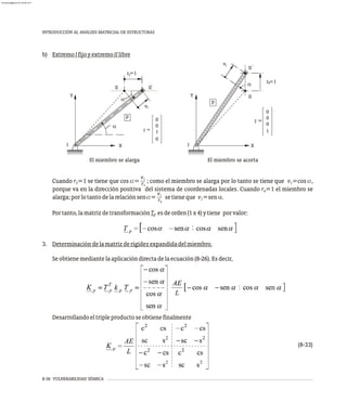 8-36 VULNERABILIDAD SÍSMICA
INTRODUCCIÓN AL ANÁLISIS MATRICIAL DE ESTRUCTURAS
b) ExtremoIfijoyextremoIIlibre
a
a
v
II
3
I
II
=1
r
1
p
'
r =
0
X
Y
0
0
1
a
I
II
II
4=1
r
1
v
p
'
r =
0
0
1
0
X
Y
El miembro se alarga El miembro se acorta
Cuando r =1 se tiene que cos a= ; como el miembro se alarga por lo tanto se tiene que v =cos a,
3 1
porque va en la dirección positiva del sistema de coordenadas locales. Cuando r =1 el miembro se
4
alarga;porlotantodelarelaciónsena= setieneque v =sena.
1
Portanto,lamatrizdetransformaciónT esdeorden(1x4)ytiene porvalor:
p
3. Determinacióndelamatrizderigidezexpandidadelmiembro.
Seobtienemediantelaaplicacióndirectadelaecuación(8-26).Esdecir,
Desarrollandoeltripleproductoseobtienefinalmente
(8-33)
v1
r3
v1
r4
almanperez@gmail.com 26 Mar 2017
 