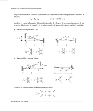 8-38 VULNERABILIDAD SÍSMICA
INTRODUCCIÓN AL ANÁLISIS MATRICIAL DE ESTRUCTURAS
desplazamientos de los extremos del miembro con las deformaciones correspondientes mediante la
relación:
(2 x 1)
siendo v el vector deformación del miembro de orden , y r el vector desplazamiento de los
p p
(4x1) (2x4)
extremosdelmiembro,deorden .DeallíqueelordendelamatrizdetransformaciónT sea .
p
a) ExtremoIlibreyextremoIIfijo.
2
I II
r =1
L
L
1
1
L
1
I
'
I
r =1
L
II
L
L
1
1
'
II
II
I
3
r =1
L
4
I
II
r =1
L
b) ExtremoIfijoyextremoIIlibre.
Lamatrizdetransformacióndelelementopesportanto:
almanperez@gmail.com 26 Mar 2017
 