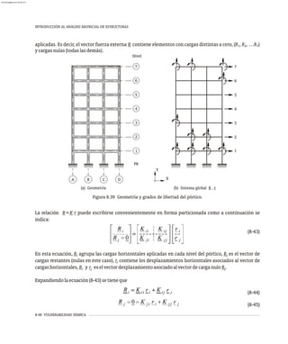 8-48 VULNERABILIDAD SÍSMICA
INTRODUCCIÓN AL ANÁLISIS MATRICIAL DE ESTRUCTURAS
La relación R=K r puede escribirse convenientemente en forma particionada como a continuación se
indica:
(8-43)
En esta ecuación, R agrupa las cargas horizontales aplicadas en cada nivel del pórtico, R es el vector de
i j
cargas restantes (nulas en este caso), r contiene los desplazamientos horizontales asociados al vector de
i
cargashorizontales, R y r eselvectordesplazamientoasociadoalvectordecarganulo R .
i j j
Expandiendolaecuación(8-43)setieneque
(8-44)
(8-45)
aplicadas. Es decir, el vector fuerza externa R contiene elementos con cargas distintas a cero, (R , R , …R )
1 2 7
ycargasnulas(todaslasdemás).
A B C D
1
2
3
4
5
6
7
PB
Nivel
1
2
3
4
5
6
7
X
Y
(a) Geometría (b) Sistema global R , r
Figura 8.39 Geometría y grados de libertad del pórtico.
almanperez@gmail.com 26 Mar 2017
 