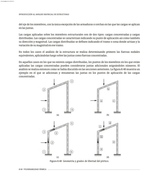 8-50 VULNERABILIDAD SÍSMICA
INTRODUCCIÓN AL ANÁLISIS MATRICIAL DE ESTRUCTURAS
del eje de los miembros, con la única excepción de las armaduras o cerchas en las que las cargas se aplican
enlasjuntas.
Las cargas aplicadas sobre los miembros estructurales son de dos tipos: cargas concentradas y cargas
distribuidas. Las cargas concentradas se caracterizan indicando su punto de aplicación así como también
su dirección y magnitud. Las cargas distribuidas se definen indicando el tramo o zona donde actúan y la
variacióndesumagnitudenesetramo.
En todos los casos el análisis de la estructura se realiza determinando primero las fuerzas nodales
equivalentes,aplicándolasluegosobrelasjuntascomofuerzasconcentradas.
En aquellos casos en los que no existen cargas distribuidas, los puntos de los miembros en los que están
aplicadas las cargas concentradas pueden considerarse juntas adicionales asignándoles números. El
análisis se realiza entonces como se había discutido en las secciones anteriores. La figura 8.40 muestra un
ejemplo en el que se adicionan y renumeran las juntas en los puntos de aplicación de las cargas
concentradas.
Figura 8.40 Geometría y grados de libertad del pórtico.
e
d
c
a
(d)
1
3
6
5
2
4
(c)
a
b
c
(b)
2
1 4
3
(a)
b
almanperez@gmail.com 26 Mar 2017
 