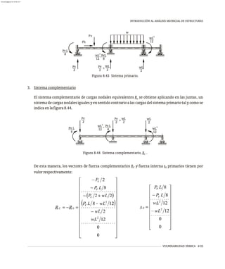 -
VULNERABILIDAD SÍSMICA 8-55
INTRODUCCIÓN AL ANÁLISIS MATRICIAL DE ESTRUCTURAS
Figura 8.43 Sistema primario.
3. Sistemacomplementario
El sistema complementario de cargas nodales equivalentes R se obtiene aplicando en las juntas, un
c
sistemadecargasnodalesigualesyensentidocontrarioalascargasdelsistemaprimariotalycomose
indicaenlafigura8.44.
Figura 8.44 Sistema complementario, R .
C
De esta manera, los vectores de fuerza complementarios R y fuerza interna s primarios tienen por
C 0
valorrespectivamente:
v
P
Ph
w
2
wL
12
WL
2
Pv L
8
Pv
2
-
Pv
2
+ wL
2
2
wL
12
PvL
8
Pv L
8
2
wL
12
- PvL
8
Pv
2
wL
2
Pv
2
+ wL
2
2
wL
12
almanperez@gmail.com 26 Mar 2017
 