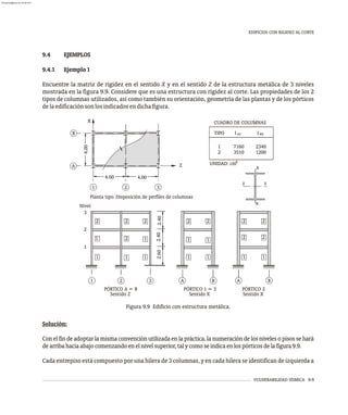 VULNERABILIDAD SÍSMICA 9-9
9.4 EJEMPLOS
9.4.1 Ejemplo1
Encuentre la matriz de rigidez en el sentido X y en el sentido Z de la estructura metálica de 3 niveles
mostrada en la figura 9.9. Considere que es una estructura con rigidez al corte. Las propiedades de los 2
tipos de columnas utilizados, así como también su orientación, geometría de las plantas y de los pórticos
delaedificaciónsonlosindicadosendichafigura.
Figura 9.9 Edificio con estructura metálica.
Solución:
Conelfindeadoptarlamismaconvenciónutilizadaenlapráctica,lanumeracióndelosnivelesopisossehará
dearribahaciaabajocomenzandoenelnivelsuperior,talycomoseindicaenlospórticosdelafigura9.9.
Cada entrepiso está compuesto por una hilera de 3 columnas, y en cada hilera se identifican de izquierda a
EDIFICIOS CON RIGIDEZ AL CORTE
z
z
x
CUADRO DE COLUMNAS
UNIDAD: cm4
zz xx
TIPO
1 7160 2340
2 3510 1200
I I
Planta tipo. Disposición de perfiles de columnas
1 2 3
B
A
X
Z
4.00
4.00
4.00
2 2 2 2
2
2
1
1
1
1 1 1
A B B
A
2 2 2
2
1
1 1 1
1
1 2 3
Nivel
3
2
1
2.60
2.40
2.40
x
PÓRTICO 1 = 3 PÓRTICO 2
PÓRTICO A = B
Sentido Z Sentido X Sentido X
almanperez@gmail.com 26 Mar 2017
 