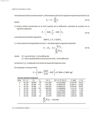 verticalmentelafuerzacortantebasalV determinadaapartirdelasiguienteexpresión(artículo9.3.3)
0
(9-13)
donde:
F =Fuerza lateral concentrada en el nivel superior de la edificación, calculada de acuerdo con la
t
siguienteexpresión:
(9-14)
yacotadaentreloslímitessiguientes:
F =Fuerzalateralcorrespondientealnivel i,calculadasegúnlasiguienteexpresión:
i
(9-15)
donde: W =pesodelnivel j delaedificación
j
h =Alturamedidadesdelabasehastaelnivel j delaedificación
j
LasfuerzasF yF seaplicaránenelcentrodemasasdelrespectivonivel.
i j
Enelejemplo,F tieneporvalor:
t
9-18 VULNERABILIDAD SÍSMICA
EDIFICIOS CON RIGIDEZ AL CORTE
Fuerzas laterales resultantes
Nivel (V - F ) W h W h (W h ) /å (W h ) F (kgf) F (t)
0 t j j j j i i j j i i
8 65.120 80.666 20 1.613.320 0,212153888 13.815,46 13,815
7 65.120 85.588 17,5 1.497.760 0,196961528 12.826,13 12,826
6 65.120 85.588 15 1.283.820 0,168824167 10.993,83 10,994
5 65.120 85.588 12,5 1.069.850 0,140686806 9.161,52 9,162
4 65.120 85.588 10 855.880 0,112549445 7.329,22 7,329
3 65.120 85.588 7,5 641.910 0,084412083 5.496,91 5,497
2 65.120 85.588 5 427.940 0,056274722 3.664,61 3,665
1 65.120 85.588 2,5 213.970 0,028137361 1.832,30 1,832
almanperez@gmail.com 26 Mar 2017
 