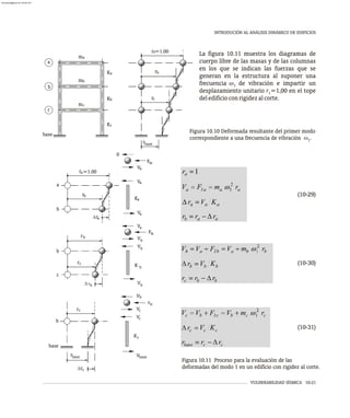 (10-29)
(10-30)
(10-31)
Figura 10.10 Deformada resultante del primer modo
correspondiente a una frecuencia de vibración w .
1
VULNERABILIDAD SÍSMICA 10-21
INTRODUCIÓN AL ANÁLISIS DINÁMICO DE EDIFICIOS
b
a
r
r
r
r
c
=1.00
base
Kc
b
K
a
K
m
m
ma
b
c
base
a
c
b
a
b
r
r
D
b
a
ra
a
K
a
V
a
V
F
0
a
V
a
=1.00
I
r
r
D
a
V
c
b
b
c
b
K
b
V
b
V
b
V
F
rb
b
I
r
r
D
c
rc
b
V
c
K
V
c
V
c
V
F
b
c
I
base base
base
Figura 10.11 Proceso para la evaluación de las
deformadas del modo 1 en un edificio con rigidez al corte.
La figura 10.11 muestra los diagramas de
cuerpo libre de las masas y de las columnas
en los que se indican las fuerzas que se
generan en la estructura al suponer una
frecuencia w de vibración e impartir un
1
desplazamiento unitario r =1,00 en el tope
1
deledificioconrigidezalcorte.
almanperez@gmail.com 26 Mar 2017
 