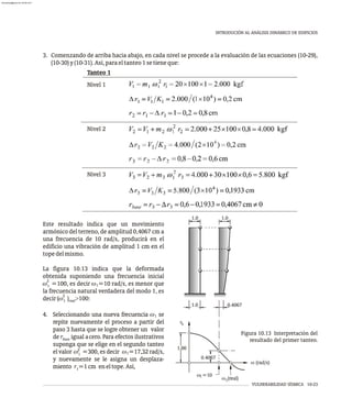 VULNERABILIDAD SÍSMICA 10-23
INTRODUCIÓN AL ANÁLISIS DINÁMICO DE EDIFICIOS
Este resultado indica que un movimiento
armónico del terreno, de amplitud 0,4067 cm a
una frecuencia de 10 rad/s, producirá en el
edificio una vibración de amplitud 1 cm en el
topedelmismo.
La figura 10.13 indica que la deformada
obtenida suponiendo una frecuencia inicial
2
w =100, es decir w =10 rad/s, es menor que
1
1
la frecuencia natural verdadera del modo 1, es
2
decir(w ) >100:
1 real
4. Seleccionando una nueva frecuencia w se
1
repite nuevamente el proceso a partir del
paso 3 hasta que se logre obtener un valor
de r igual acero. Para efectos ilustrativos
base
suponga que se elige en el segundo tanteo
2
el valor w =300, es decir w =17,32 rad/s,
1
1
y nuevamente se le asigna un desplaza-
miento r =1cm eneltope.Así,
1
rb
1 0
.0
0.4067
w (rad/s)
1
w =10
w (real)
1
1.0 1.0
0
1. 0 4
. 067
Figura 10.13 Interpretación del
resultado del primer tanteo.
3. Comenzando de arriba hacia abajo, en cada nivel se procede a la evaluación de las ecuaciones (10-29),
(10-30)y(10-31).Así,paraeltanteo1setieneque:
Tanteo 1
Nivel 1
Nivel 3
Nivel 2
almanperez@gmail.com 26 Mar 2017
 