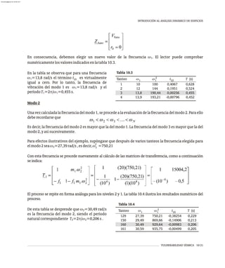 VULNERABILIDAD SÍSMICA 10-31
INTRODUCIÓN AL ANÁLISIS DINÁMICO DE EDIFICIOS
Tabla 10.3
2
Tanteo w w t T (s)
1 1 22
1 10 100 0,4067 0,628
2 12 144 0,1951 0,524
3 13,8 190,44 0,00256 0,455
4 13,9 193,21 -0,00796 0,452
Modo2
Unavezcalculadalafrecuenciadelmodo1,seprocedealaevaluacióndelafrecuenciadelmodo2.Paraello
deberecordarseque
Es decir, la frecuencia del modo 2 es mayor que la del modo 1. La frecuencia del modo 3 es mayor que la del
modo2,yasísucesivamente.
Para efectos ilustrativos del ejemplo, supóngase que después de varios tanteos la frecuencia elegida para
2
elmodo2seaw =27,39rad/s,esdecir,w =750,21
2 2
Con esta frecuencia se procede nuevamente al cálculo de las matrices de transferencia, como a continuación
seindica:
El proceso se repite en forma análoga para los niveles 2 y 1. La tabla 10.4 ilustra los resultados numéricos del
proceso.
Tabla 10.4
2
Tanteo w w t T (s)
1 1 22
129 27,39 750,21 -0,38254 0,229
150 29,49 869,66 -0,14906 0,213
160 30,49 929,64 -0,00983 0,206
161 30,59 935,75 -0,00499 0,205
En consecuencia, debemos elegir un nuevo valor de la frecuencia w . El lector puede comprobar
1
numéricamentelosvaloresindicadosenlatabla10.3.
En la tabla se observa que para una frecuencia
w =13,8 rad/s el término t es virtualmente
1 22
igual a cero. Por lo tanto, la frecuencia de
vibración del modo 1 es w =13,8 rad/s y el
1
períodoT =2p/w =0,455s.
1 1
De esta tabla se desprende que w =30,49 rad/s
2
es la frecuencia del modo 2, siendo el período
naturalcorrespondiente T =2p/w =0,206s.
2 2
almanperez@gmail.com 26 Mar 2017
 