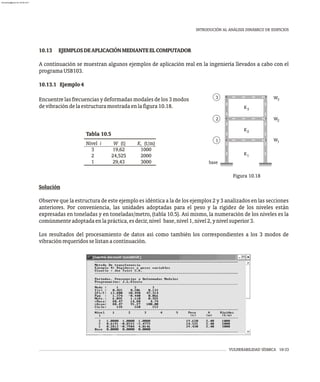 VULNERABILIDAD SÍSMICA 10-33
INTRODUCIÓN AL ANÁLISIS DINÁMICO DE EDIFICIOS
10.13 EJEMPLOSDEAPLICACIÓNMEDIANTEELCOMPUTADOR
A continuación se muestran algunos ejemplos de aplicación real en la ingeniería llevados a cabo con el
programaUSB103.
10.13.1 Ejemplo4
3
1
2
K1
2
K
3
K
base
W1
2
W
3
W
Figura 10.18
Encuentrelasfrecuenciasydeformadasmodalesdelos3modos
devibracióndelaestructuramostradaenlafigura10.18.
Tabla 10.5
Nivel i W (t) K (t/m)
i
3 19,62 1000
2 24,525 2000
1 29,43 3000
Solución
Observe que la estructura de este ejemplo es idéntica a la de los ejemplos 2 y 3 analizados en las secciones
anteriores. Por conveniencia, las unidades adoptadas para el peso y la rigidez de los niveles están
expresadas en toneladas y en toneladas/metro, (tabla 10.5). Así mismo, la numeración de los niveles es la
comúnmenteadoptadaenlapráctica,esdecir,nivel base,nivel1,nivel2,ynivelsuperior3.
Los resultados del procesamiento de datos así como también los correspondientes a los 3 modos de
vibraciónrequeridosselistanacontinuación.
almanperez@gmail.com 26 Mar 2017
 