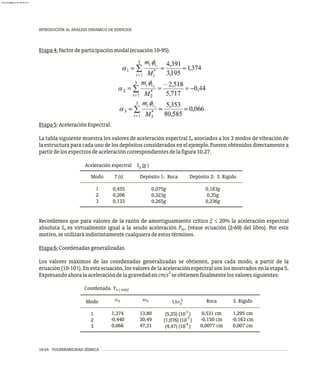 3
1
1
1
10-54 VULNERABILIDAD SÍSMICA
INTRODUCIÓN AL ANÁLISIS DINÁMICO DE EDIFICIOS
Etapa4:Factordeparticipaciónmodal(ecuación10-95).
Etapa5:AceleraciónEspectral.
La tabla siguiente muestra los valores de aceleración espectral S asociados a los 3 modos de vibración de
a
la estructura para cada uno de los depósitos considerados en el ejemplo. Fueron obtenidos directamente a
partirdelosespectrosdeaceleracióncorrespondientesdelafigura10.27.
Aceleración espectral S (g )
a
Modo
1
2
3
T (s)
0,455
0,206
0,133
Depósito 1: Roca
0,075g
0,323g
0,265g
Depósito 2: S. Rígido
0,183g
0,35g
0,236g
Recordemos que para valores de la razón de amortiguamiento crítico x £ 20% la aceleración espectral
absoluta S es virtualmente igual a la seudo aceleración P , (véase ecuación (2-69) del libro). Por este
a sa
motivo,seutilizaráindistintamentecualquieradeestostérminos.
Etapa6:Coordenadasgeneralizadas.
Los valores máximos de las coordenadas generalizadas se obtienen, para cada modo, a partir de la
ecuación (10-101). En esta ecuación, los valores de la aceleración espectral son los mostrados en la etapa 5.
2
Expresandoahoralaaceleracióndelagravedadencm/s seobtienenfinalmentelosvaloressiguientes:
Coordenada Yn ( máx)
Modo
1
2
3
an
1,374
-0,440
0,066
wn
13,80
30,49
47,31
2
1/wn
-3
(5,25) (10 )
-3
(1,076) (10 )
-4
(4,47) (10 )
Roca
0,531 cm
-0,150 cm
0,0077 cm
S. Rígido
1,295 cm
-0,163 cm
0,007 cm
almanperez@gmail.com 26 Mar 2017
 