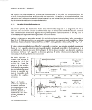 1-30 VULNERABILIDAD SÍSMICA
del registro de aceleraciones tres parámetros fundamentales: la duración del movimiento fuerte del
terreno, la amplitud máxima, y el contenido de frecuencias. Sin embargo, el conocimiento de cada
parámetro por sí solo no resulta suficiente para evaluar con precisión el daño potencial que el movimiento
delterrenopuedeocasionaraconstruccionesciviles.
1.13.1 DuracióndelMovimientoFuerte
33
La duración efectiva del movimiento fuerte más comúnmente adoptada es la propuesta por Bolt ,
conocida como la duración acotada. Se define como el lapso de tiempo transcurrido desde que la amplitud
de la aceleración del terreno en el registro excede por vez primera un valor o umbral de ± 0.05g hasta el
instanteenqueelregistrosobrepasaporúltimavezdichoumbral.
La figura 1.28 muestra la duración acotada del movimiento fuerte correspondiente a las componentes
Este-Oeste (E-W) de dos registros de aceleración obtenidos instrumentalmente en la localidad de Gilroy,
34
California,duranteelterremotodeLomaPrietade1989 ,conmagnitudesestimadasM ³7.1 yM =6.9.
S W
El primer registro identificado como Gilroy No.1, registrado en roca, tuvo una duración acotada de movimiento
fuerte de 10,41 segundos, mientras que el segundo registro identificado como Gilroy No.2, registrado en la
superficie de un depósito de suelo aluvional rígido de 165 m de espesor, tuvo una duración acotada de
movimiento fuerte de 14,67 segundos. La distancia epicentral de ambas estaciones sismológicas fue muy
similar,iguala21,8kmy22,8kmrespectivamente.
Figura 1.28 Duración
acotada de 2 registros de
aceleración obtenidos
instrumentalmente en la
localidad de Gilroy,
California, durante el
terremoto de Loma Prieta
de 1989, (adaptado de
34
Kramer ).
TIEMPO (S)
AMPLITUD
DE
FOURIER
(g-s)
Último pico
excedente
Primer pico excedente
+0.05g
-0.05g
Gilroy No.1 E-W
(Roca)
D = 21.8 km
Loma Prieta, 1989
t=10.41 s
0 5
-0.5
0
0.5
10 15 20 25 30 35 40
TIEMPO (S)
AMPLITUD
DE
FOURIER
(g-s)
+0.05g
Último pico
excedente
-0.05g
Primer pico excedente
Gilroy No.2 E-W
(Aluvión)
D = 22.8 km
Loma Prieta, 1989
t=14.67 s
0 5
-0.5
0
0.5
10 15 20 25 30 35 40
En esos registros se
observa que, aunque la
aceleración pico del
registro No.1 (roca) fue
mayor a la del registro
No.2 (aluvión), la duración
del movimiento fuerte del
terreno se extendió por
más de 4 segundos en la
superficie del depósito
aluvional.
ELEMENTOS DE SIMOLOGÍA Y TERREMOTOS
almanperez@gmail.com 26 Mar 2017
 