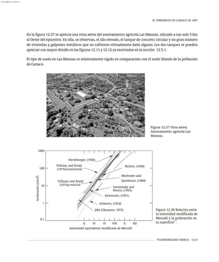 VULNERABILIDAD SÍSMICA 12-21
EL TERREMOTO DE CARIACO DE 1997
Savarensky and
Kawasumi, (1951)
Ishimoto, (1932)
JMA (Okamoto, 1973)
Richter, (1958)
Medvedev and
Sponheuer, (1969)
(1975a)-vertical
Trifunac and Brady
(1975a)-horizontal
Trifunac and Brady
Hershberger, (1956)
Kirnos, (1955)
II VIII
VI
IV XII
X
Intensidad equivalente modificada de Mercalli
1
10
1000
100
0.1
2
Aceleración
(cm/s
)
Figura 12.38 Relación entre
la intensidad modificada de
Mercalli y la aceleración en
17
la superficie .
En la figura 12.37 se aprecia una vista aérea del asentamiento agrícola Las Manoas, ubicado a tan solo 5 km
al Oeste del epicentro. En ella, se observan, el silo elevado, el tanque de concreto circular y un gran número
de viviendas y galpones metálicos que no sufrieron virtualmente daño alguno. Los dos tanques se pueden
apreciarconmayordetalleenlasfiguras12.11y12.12yamostradasenlasección 12.5.1.
El tipo de suelo en Las Manoas es relativamente rígido en comparación con el suelo blando de la población
deCariaco.
Figura 12.37 Vista aérea.
Asentamiento agrícola Las
Manoas.
almanperez@gmail.com 26 Mar 2017
 