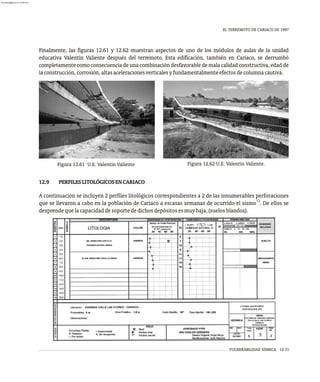 EL TERREMOTO DE CARIACO DE 1997
VULNERABILIDAD SÍSMICA 12-31
Finalmente, las figuras 12.61 y 12.62 muestran aspectos de uno de los módulos de aulas de la unidad
educativa Valentín Valiente después del terremoto. Esta edificación, también en Cariaco, se derrumbó
completamente como consecuencia de una combinación desfavorable de mala calidad constructiva, edad de
laconstrucción,corrosión,altasaceleracionesverticalesyfundamentalmenteefectosdecolumnacautiva.
Figura 12.61 U.E. Valentín Valiente Figura 12.62 U.E. Valentín Valiente.
12.9 PERFILESLITOLÓGICOSENCARIACO
A continuación se incluyen 2 perfiles litológicos correspondientes a 2 de las innumerables perforaciones
13
que se llevaron a cabo en la población de Cariaco a escasas semanas de ocurrido el sismo . De ellos se
desprendequelacapacidaddesoportededichosdepósitosesmuybaja,(suelosblandos).
almanperez@gmail.com 26 Mar 2017
 