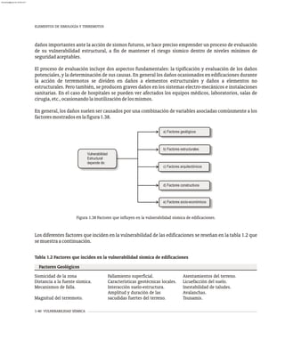 1-40 VULNERABILIDAD SÍSMICA
daños importantes ante la acción de sismos futuros, se hace preciso emprender un proceso de evaluación
de su vulnerabilidad estructural, a fin de mantener el riesgo sísmico dentro de niveles mínimos de
seguridadaceptables.
El proceso de evaluación incluye dos aspectos fundamentales: la tipificación y evaluación de los daños
potenciales, y la determinación de sus causas. En general los daños ocasionados en edificaciones durante
la acción de terremotos se dividen en daños a elementos estructurales y daños a elementos no
estructurales. Pero también, se producen graves daños en los sistemas electro-mecánicos e instalaciones
sanitarias. En el caso de hospitales se pueden ver afectados los equipos médicos, laboratorios, salas de
cirugía,etc.,ocasionandolainutilizacióndelosmismos.
En general, los daños suelen ser causados por una combinación de variables asociadas comúnmente a los
factoresmostradosenlafigura1.38.
a) Factores geológicos
b) Factores estructurales
c) Factores arquitectónicos
d) Factores constructivos
e) Factores socio-económicos
Vulnerabilidad
Estructural
depende de:
Figura 1.38 Factores que influyen en la vulnerabilidad sísmica de edificaciones.
Los diferentes factores que inciden en la vulnerabilidad de las edificaciones se reseñan en la tabla 1.2 que
semuestraacontinuación.
Tabla 1.2 Factores que inciden en la vulnerabilidad sísmica de edificaciones
Factores Geológicos
Sismicidad de la zona
Distancia a la fuente sísmica.
Mecanismos de falla.
Magnitud del terremoto.
Asentamientos del terreno.
Licuefacción del suelo.
Inestabilidad de taludes.
Avalanchas.
Tsunamis.
Fallamiento superficial.
Características geotécnicas locales.
Interacción suelo-estructura.
Amplitud y duración de las
sacudidas fuertes del terreno.
ELEMENTOS DE SIMOLOGÍA Y TERREMOTOS
almanperez@gmail.com 26 Mar 2017
 