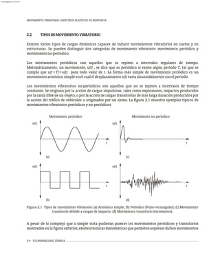 MOVIMIENTO VIBRATORIO. ESPECTROS ELÁSTICOS DE RESPUESTA
2-4 VULNERABILIDAD SÍSMICA
2.2 TIPOSDEMOVIMIENTOVIBRATORIO
Existen varios tipos de cargas dinámicas capaces de inducir movimientos vibratorios en suelos y en
estructuras. Se pueden distinguir dos categorías de movimiento vibratorio: movimiento periódico y
movimientono-periódico.
Los movimientos periódicos son aquellos que se repiten a intervalos regulares de tiempo.
Matemáticamente, un movimiento, u(t) , se dice que es periódico si existe algún período T, tal que se
cumpla que u(t+T)=u(t) para todo valor de t. La forma más simple de movimiento periódico es un
movimientoarmónicosimpleenelcualeldesplazamientou(t)varíasinusoidalmenteconelperíodo.
Los movimientos vibratorios no-periódicos son aquellos que no se repiten a intervalos de tiempo
constante. Se originan por la acción de cargas impulsivas, tales como explosiones, impactos producidos
por la caída libre de un objeto, o por la acción de cargas transitorias de más larga duración producidos por
la acción del tráfico de vehículos u originados por un sismo. La figura 2.1 muestra ejemplos típicos de
movimientosvibratoriosperiódicosyno-periódicos
t
t
t
t
(c)
(d)
(b)
(a)
u(t)
u(t)
u(t)
u(t)
Movimiento no períodico
Movimiento períodico
Figura 2.1 Tipos de movimiento vibratorio: (a) Armónico simple; (b) Periódico (Pulso rectangular); (c) Movimiento
transitorio debido a cargas de impacto; (d) Movimiento transitorio (terremotos).
A pesar de lo complejo que a simple vista pudieran parecer los movimientos periódicos y transitorios
mostrados en la figura anterior, existen técnicas matemáticas que permiten expresar dichos movimientos
almanperez@gmail.com 26 Mar 2017
 