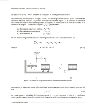 MOVIMIENTO VIBRATORIO. ESPECTROS ELÁSTICOS DE RESPUESTA
2-10 VULNERABILIDAD SÍSMICA
Enlaecuación(2-14), c recibeelnombredecoeficientedeamortiguamientoviscoso.
El movimiento vibratorio de un cuerpo o sistema con amortiguamiento viscoso puede caracterizarse
mediante el bloque, el resorte y el pistón o émbolo mostrados en la figura 2.6a. Si el bloque se desplaza a
una distancia x desde su posición de equilibrio, el diagrama de cuerpo libre de las fuerzas actuantes es el
mostradoenlafigura2.6b.EndichodiagramaF ,F yF representan:
S I
D
F : Fuerzaderecuperaciónelástica,
S
F : Fuerzadeamortiguamiento,
D
F : Fuerzadeinercia,
I
Deestamaneraelequilibriodinámicoseobtieneporsumatoriadelasfuerzasactuantes.Así,
esdecir: (2-15)
(a) (b)
Figura 2.6 Sistema de un grado de libertad con amortiguamiento viscoso.
La ecuación (2-15) es una ecuación diferencial lineal homogénea de segundo orden. Sus soluciones son del
tipo
(2-16)
En esta ecuación e es la base del logaritmo natural y z es una constante. El valor de z se obtiene
sustituyendoestasoluciónenlaecuación(2-15).Deestaforma,laecuacióncaracterísticaesportanto:
Posición de
equilibrio
x
m
FS
FI
D
F
m
k
c
almanperez@gmail.com 26 Mar 2017
 