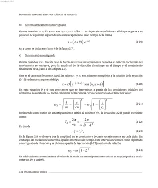 MOVIMIENTO VIBRATORIO. ESPECTROS ELÁSTICOS DE RESPUESTA
2-12 VULNERABILIDAD SÍSMICA
b) Sistemacríticamenteamortiguado
/ = -
c 2m
Ocurre cuando c = c . En este caso z = z = - w. Bajo estas condiciones, el bloque regresa a su
c
c 1 2
posicióndeequilibriosiguiendounacurvaexponencialeneltiempodelaforma
(2-19)
talycomoseindicaenelcasobdelafigura2.7.
c) Sistemasub-amortiguado
Ocurre cuando c < c . En este caso, la fuerza resistiva es relativamente pequeña, el carácter oscilatorio del
c
movimiento se conserva, pero la amplitud de la vibración disminuye en el tiempo y el movimiento
finalmentecesa,(caso a delafigura2.7).
Este es el caso más frecuente. Aquí, las raíces z y z son números complejos y la solución de la ecuación
1 2
(2-15)sedemuestraqueesdeltipo
(2-20)
En esta ecuación D y f son constantes que se determinan a partir de las condiciones iniciales del
problema.Laconstantew recibeelnombredefrecuenciacircularamortiguadaytieneporvalor:
d
(2-21)
Definiendo como razón de amortiguamiento crítico al cociente c/c , la ecuación (2-21) puede escribirse
c
como:
(2-22)
Endonde
(2-23)
En la figura 2.8 se observa que la amplitud no es constante y decrece sucesivamente en cada ciclo. Sin
embargo, las oscilaciones ocurren a iguales intervalos de tiempo. Este intervalo se conoce como el período
amortiguadodevibraciónyseobtieneapartirdelaecuación(2-22)mediantelarelación
(2-24)
En edificaciones, normalmente el valor de la razón de amortiguamiento crítico es muy pequeña y oscila
entreun2%yun10%.
almanperez@gmail.com 26 Mar 2017
 