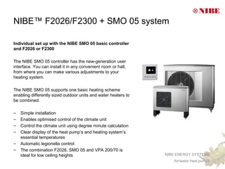 NIBE™ F2026/F2300 + SMO 05 system

Individual set up with the NIBE SMO 05 basic controller
and F2026 or F2300

The NIBE SMO 05 controller has the new-generation user
interface. You can install it in any convenient room or hall,
from where you can make various adjustments to your
heating system.

The NIBE SMO 05 supports one basic heating scheme
enabling differently sized outdoor units and water heaters to
be combined.

–   Simple installation
–   Enables optimised control of the climate unit
–   Control the climate unit using degree minute calculation
–   Clear display of the heat pump’s and heating system’s
    essential temperatures
–   Automatic legionella control
–   The combination F2026, SMO 05 and VPA 200/70 is
    ideal for low ceiling heights                               NIBE ENERGY SYSTEMS
                                                                   Air/water heat pumps
 