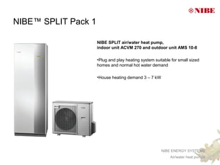 NIBE™ SPLIT Pack 1

                     NIBE SPLIT air/water heat pump,
                     indoor unit ACVM 270 and outdoor unit AMS 10-8

                     •Plug and play heating system suitable for small sized
                     homes and normal hot water demand

                     •House heating demand 3 – 7 kW




                                                       NIBE ENERGY SYSTEMS
                                                           Air/water heat pumps
 