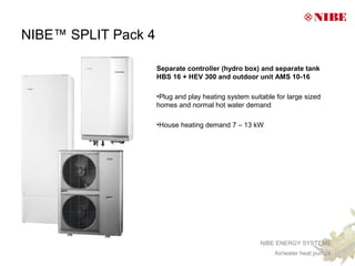 NIBE™ SPLIT Pack 4

                     Separate controller (hydro box) and separate tank
                     HBS 16 + HEV 300 and outdoor unit AMS 10-16

                     •Plug and play heating system suitable for large sized
                     homes and normal hot water demand

                     •House heating demand 7 – 13 kW




                                                       NIBE ENERGY SYSTEMS
                                                           Air/water heat pumps
 