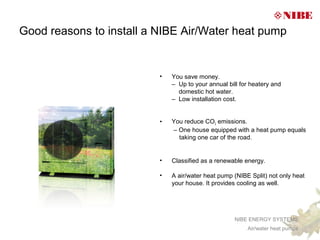 Good reasons to install a NIBE Air/Water heat pump


                          •   You save money.
                              – Up to your annual bill for heatery and
                                domestic hot water.
                              – Low installation cost.


                          •   You reduce CO2 emissions.
                              – One house equipped with a heat pump equals
                                taking one car of the road.


                          •   Classified as a renewable energy.

                          •   A air/water heat pump (NIBE Split) not only heat
                              your house. It provides cooling as well.




                                                     NIBE ENERGY SYSTEMS
                                                         Air/water heat pumps
 