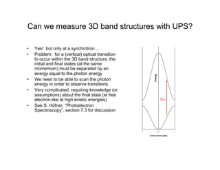 Can we measure 3D band structures with UPS?
• Yes! but only at a synchrotron…
• Problem: for a (vertical) optical transition
to occur within the 3D band structure, the
initial and final states (at the same
momentum) must be separated by an
energy equal to the photon energy
• We need to be able to scan the photon
energy in order to observe transitions
• Very complicated, requiring knowledge (or
assumptions) about the final state (ie free
electron-like at high kinetic energies)
• See S. Hűfner, “Photoelectron
Spectroscopy”, section 7.3 for discussion
-2 -1 0 1 2
wave vector (pi/a)
Energy
hν
 