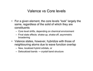 Valence vs Core levels
• For a given element, the core levels “look” largely the
same, regardless of the solid of which they are
constituents
– Core level shifts, depending on chemical environment
– Final state effects: shake-up, shake-off, asymmetric
broadening
• Valence states, however, hybridize with those of
neighbouring atoms due to wave function overlap
– New, localized hybrid orbitals, or
– Delocalized bands → crystal band structure
 