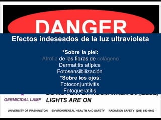 Efectos indeseados de la luz ultravioleta
*Sobre la piel:
Atrofia de las fibras de colágeno
Dermatitis atípica
Fotosensibilización
*Sobre los ojos:
Fotoconjuntivitis
Fotoqueratitis
 