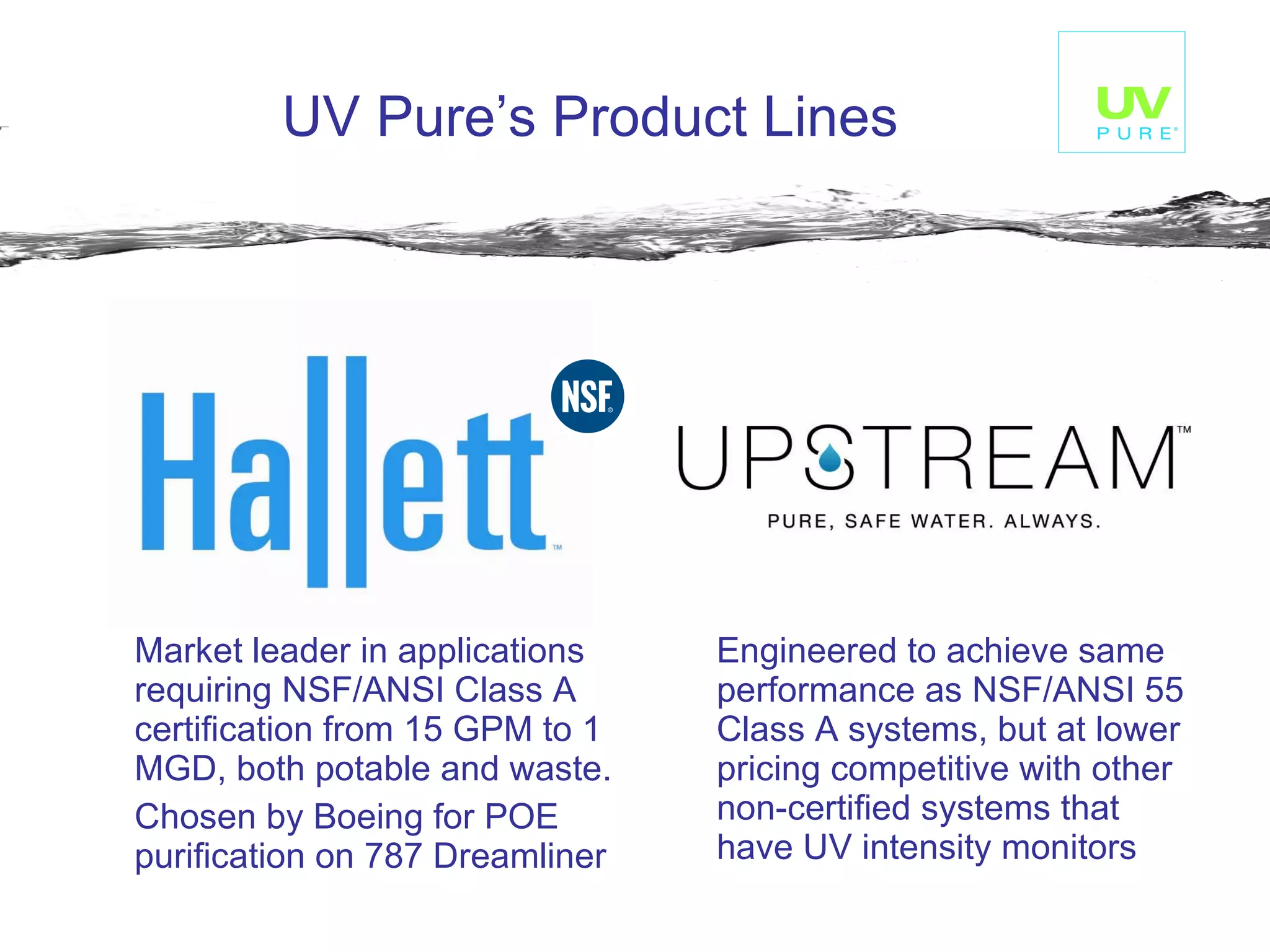 UV Pure’s Product Lines  Market leader in applications requiring NSF/ANSI Class A certification from 15 GPM to 1 MGD, both potable and waste. Chosen by Boeing for POE purification on 787 Dreamliner Engineered to achieve same performance as NSF/ANSI 55 Class A systems, but at lower pricing competitive with other non-certified systems that have UV intensity monitors 