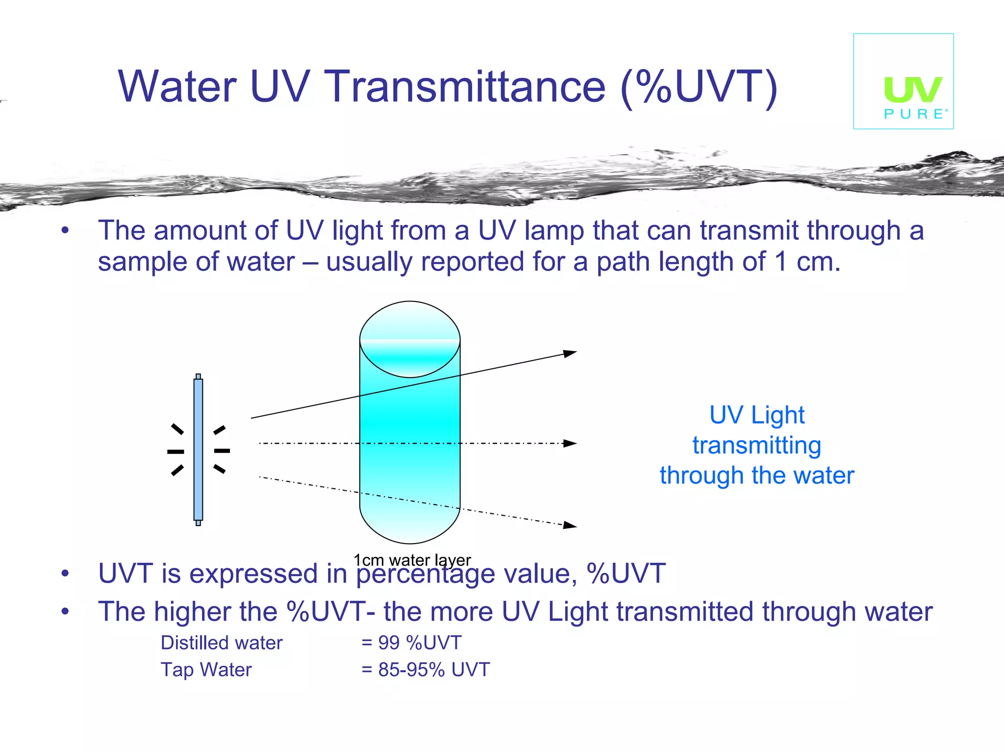 Water UV Transmittance (%UVT) The amount of UV light from a UV lamp that can transmit through a sample of water – usually reported for a path length of 1 cm. UVT is expressed in percentage value, %UVT  The higher the %UVT- the more UV Light transmitted through water Distilled water  = 99 %UVT Tap Water = 85-95% UVT   1cm water layer UV Light transmitting through the water 