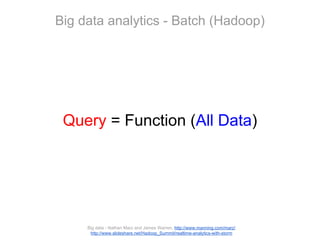 Big data analytics - Batch (Hadoop)

Query = Function (All Data)

Big data - Nathan Marz and James Warren, http://www.manning.com/marz/
http://www.slideshare.net/Hadoop_Summit/realtime-analytics-with-storm

 
