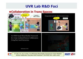 Collaboration in Trans Spaces
Ours HSKL FORTH
S-T. Noh, H-S. Yeo, W. Woo, “An HMD-based Mixed Reality Framework for Avatar-Mediated
Remote Collaboration Using Bare-Hand Interaction”, ICAT-EGVE 2015, under review
 