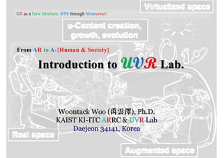 From AR to A-{Human & Society}
Introduction to UVR Lab.
Woontack Woo (禹雲澤), Ph.D.
KAIST KI-ITC ARRC & UVR Lab
Daejeon 34141, Korea
XR as a New Medium: BTS through Metaverse!
 