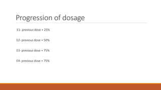 Progression of dosage
E1- previous dose + 25%
E2- previous dose + 50%
E3- previous dose + 75%
E4- previous dose + 75%
 