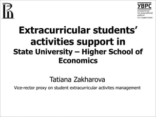 Extracurricular students’
    activities support in
State University – Higher School of
            Economics

                  Tatiana Zakharova
Vice-rector proxy on student extracurricular activites management
 
