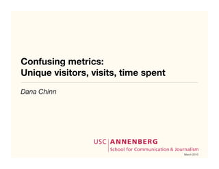 Confusing metrics:
Unique visitors, visits, time spent
Dana Chinn




                                      March 2010
 