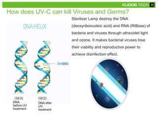 How does UV-C can kill Viruses and Germs?
Sterilizer Lamp destroy the DNA
(deoxyribonucleic acid) and RNA (RIBose) of
bacteria and viruses through ultraviolet light
and ozone. It makes bacterial viruses lose
their viability and reproductive power to
achieve disinfection effect.
DNA
before UV
treatment
DNA after
UV
treatment
 