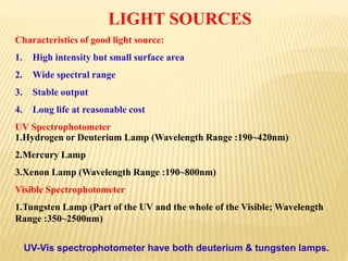 LIGHT SOURCES
Characteristics of good light source:
1. High intensity but small surface area
2. Wide spectral range
3. Stable output
4. Long life at reasonable cost
UV Spectrophotometer
1.Hydrogen or Deuterium Lamp (Wavelength Range :190~420nm)
2.Mercury Lamp
3.Xenon Lamp (Wavelength Range :190~800nm)
Visible Spectrophotometer
1.Tungsten Lamp (Part of the UV and the whole of the Visible; Wavelength
Range :350~2500nm)
UV-Vis spectrophotometer have both deuterium & tungsten lamps.
 