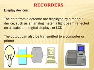 RECORDERS
Display devices:
The data from a detector are displayed by a readout
device, such as an analog meter, a light beam reflected
on a scale, or a digital display , or LCD
The output can also be transmitted to a computer or
printer
 