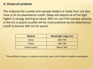 4. Choice of container
The material the cuvette (the sample holder) is made from will also
have a UV-vis absorbance cutoff. Glass will absorb all of the light
higher in energy starting at about 300 nm, so if the sample absorbs
in the UV, a quartz cuvette will be more practical as the absorbance
cutoff is around 160 nm for quartz
Three different types of cuvettes commonly used, with different usable wavelengths.
Material Wavelength range (nm)
Glass 380-780
Plastic 380-780
Fused quartz Below 380
 