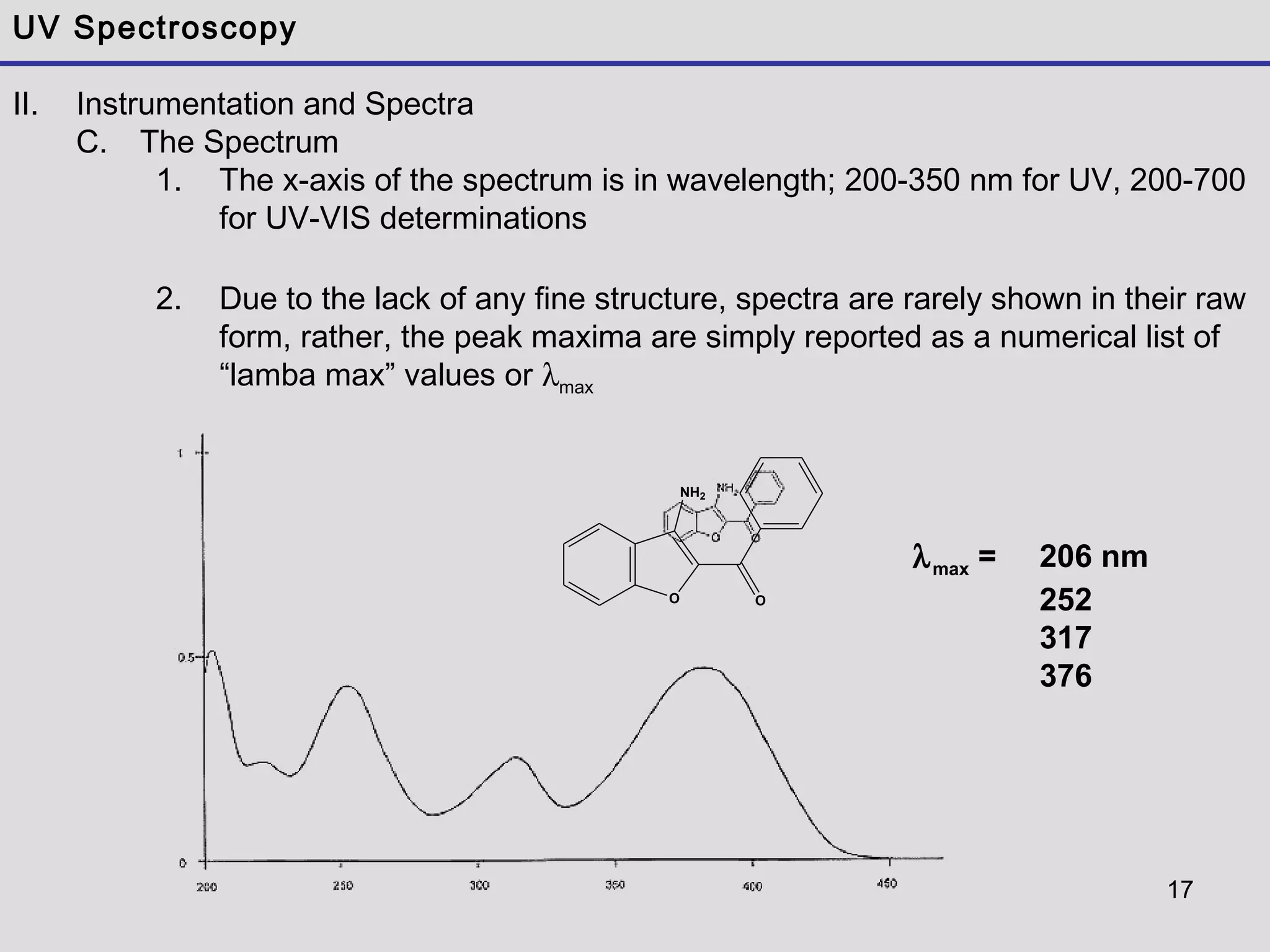 17
UV Spectroscopy
II. Instrumentation and Spectra
C. The Spectrum
1. The x-axis of the spectrum is in wavelength; 200-350 nm for UV, 200-700
for UV-VIS determinations
2. Due to the lack of any fine structure, spectra are rarely shown in their raw
form, rather, the peak maxima are simply reported as a numerical list of
“lamba max” values or λmax
λmax = 206 nm
252
317
376
O
NH2
O
 