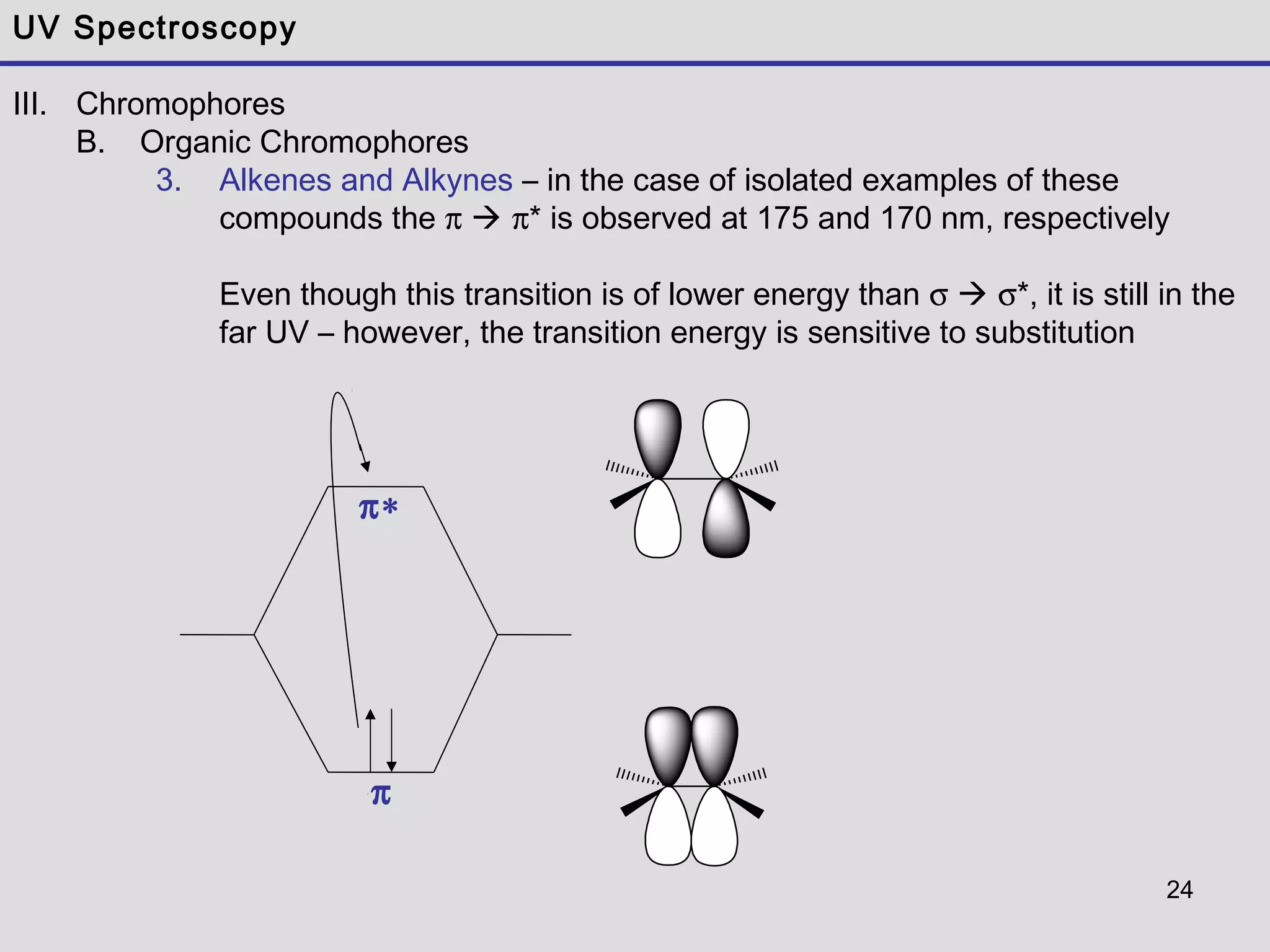24
UV Spectroscopy
III. Chromophores
B. Organic Chromophores
3. Alkenes and Alkynes – in the case of isolated examples of these
compounds the π  π* is observed at 175 and 170 nm, respectively
Even though this transition is of lower energy than σ  σ*, it is still in the
far UV – however, the transition energy is sensitive to substitution
π∗
π
 