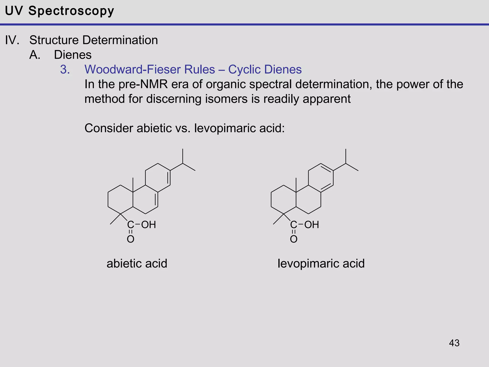 43
UV Spectroscopy
IV. Structure Determination
A. Dienes
3. Woodward-Fieser Rules – Cyclic Dienes
In the pre-NMR era of organic spectral determination, the power of the
method for discerning isomers is readily apparent
Consider abietic vs. levopimaric acid:
C
O
OHC
O
OH
levopimaric acidabietic acid
 