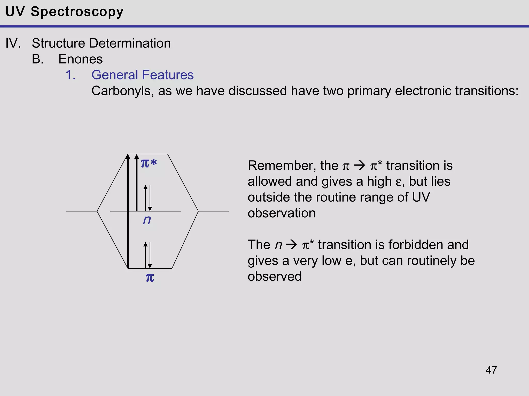 47
UV Spectroscopy
IV. Structure Determination
B. Enones
1. General Features
Carbonyls, as we have discussed have two primary electronic transitions:
π
π∗
n
Remember, the π  π* transition is
allowed and gives a high ε, but lies
outside the routine range of UV
observation
The n  π* transition is forbidden and
gives a very low e, but can routinely be
observed
 