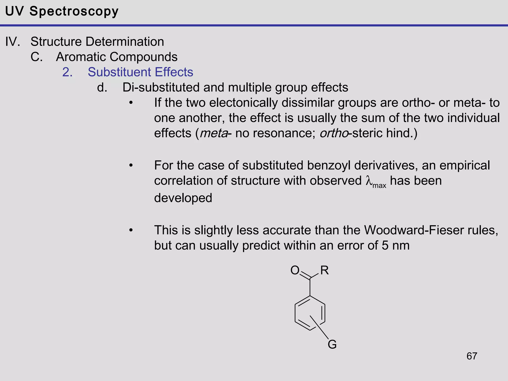 67
UV Spectroscopy
IV. Structure Determination
C. Aromatic Compounds
2. Substituent Effects
d. Di-substituted and multiple group effects
• If the two electonically dissimilar groups are ortho- or meta- to
one another, the effect is usually the sum of the two individual
effects (meta- no resonance; ortho-steric hind.)
• For the case of substituted benzoyl derivatives, an empirical
correlation of structure with observed λmax has been
developed
• This is slightly less accurate than the Woodward-Fieser rules,
but can usually predict within an error of 5 nm
RO
G
 