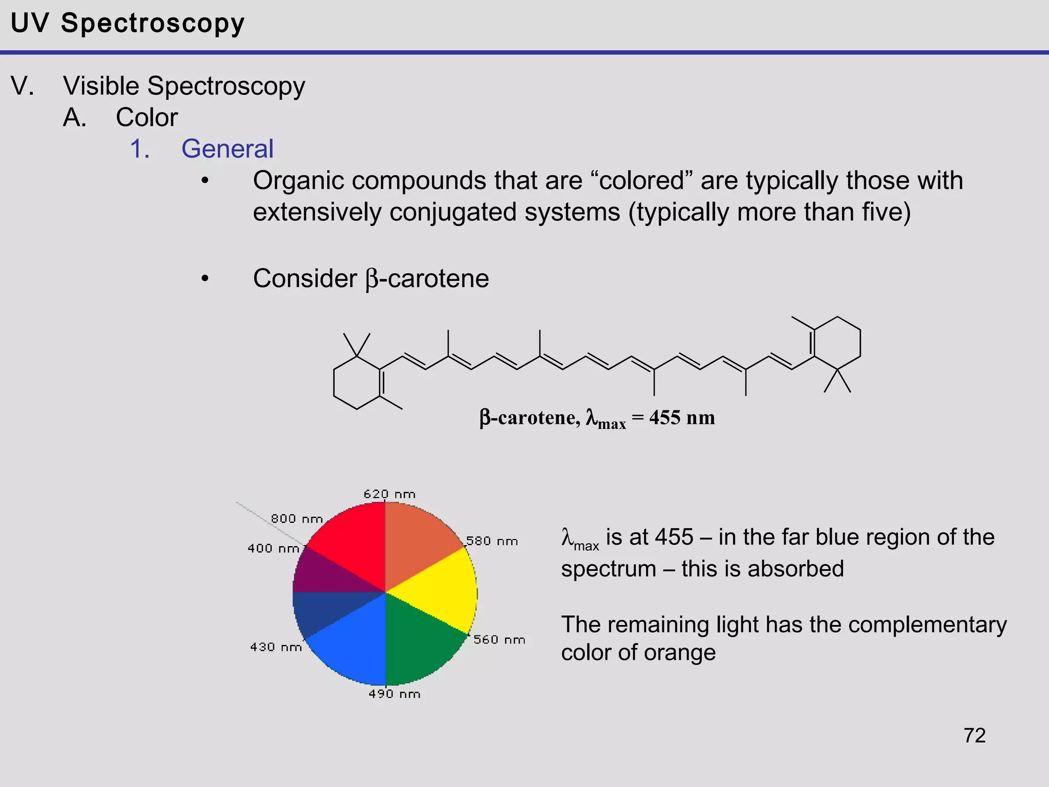 72
UV Spectroscopy
V. Visible Spectroscopy
A. Color
1. General
• Organic compounds that are “colored” are typically those with
extensively conjugated systems (typically more than five)
• Consider β-carotene
β-carotene, λmax = 455 nm
λmax is at 455 – in the far blue region of the
spectrum – this is absorbed
The remaining light has the complementary
color of orange
 